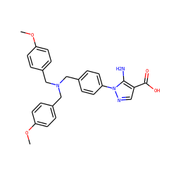 COc1ccc(CN(Cc2ccc(OC)cc2)Cc2ccc(-n3ncc(C(=O)O)c3N)cc2)cc1 ZINC001772603839