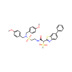 COc1ccc(CN(Cc2ccc(OC)cc2)S(=O)(=O)CCNC(=O)[C@@H](c2nc3ccc(-c4ccccc4)cc3s2)S(C)(=O)=O)cc1 ZINC000222118003