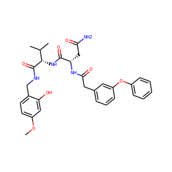 COc1ccc(CNC(=O)[C@@H](NC(=O)[C@H](CC(N)=O)NC(=O)Cc2cccc(Oc3ccccc3)c2)C(C)C)c(O)c1 ZINC000299857051
