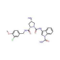 COc1ccc(CNC(=O)[C@@H]2C[C@H](N)CN2C(=O)Nc2cn(C(N)=O)c3ccccc23)cc1Cl ZINC000143890640