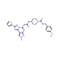 COc1ccc(CNC(=O)N2CCC(NC(=O)Nc3nc4nn(C)cc4c4nc(-c5ccco5)nn34)CC2)cc1 ZINC000084689878