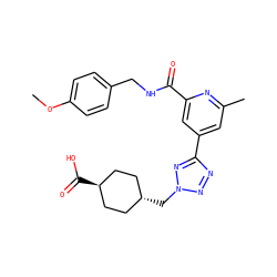 COc1ccc(CNC(=O)c2cc(-c3nnn(C[C@H]4CC[C@H](C(=O)O)CC4)n3)cc(C)n2)cc1 ZINC000261182848