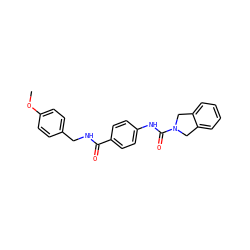 COc1ccc(CNC(=O)c2ccc(NC(=O)N3Cc4ccccc4C3)cc2)cc1 ZINC000167187389