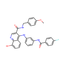 COc1ccc(CNC(=O)c2cnc3c(O)cccc3c2Nc2cccc(NC(=O)c3ccc(F)cc3)c2)cc1 ZINC000048307289