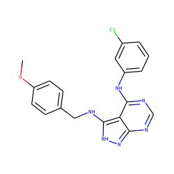 COc1ccc(CNc2[nH]nc3ncnc(Nc4cccc(Cl)c4)c23)cc1 ZINC000003815161