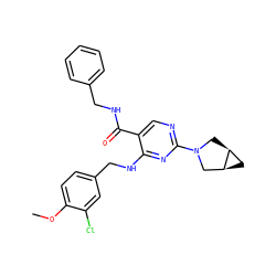 COc1ccc(CNc2nc(N3C[C@H]4C[C@H]4C3)ncc2C(=O)NCc2ccccc2)cc1Cl ZINC000211323089