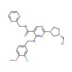 COc1ccc(CNc2nc(N3CC[C@H](CO)C3)ncc2C(=O)NCc2ncccn2)cc1Cl ZINC000299841061