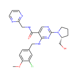COc1ccc(CNc2nc(N3CCC[C@@H]3CO)ncc2C(=O)NCc2ncccn2)cc1Cl ZINC000011677851