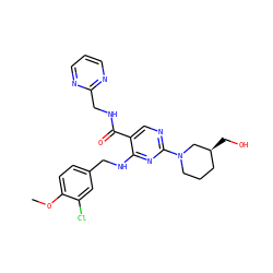 COc1ccc(CNc2nc(N3CCC[C@H](CO)C3)ncc2C(=O)NCc2ncccn2)cc1Cl ZINC000000590923