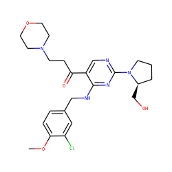 COc1ccc(CNc2nc(N3CCC[C@H]3CO)ncc2C(=O)CCN2CCOCC2)cc1Cl ZINC000143960577
