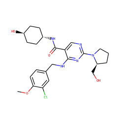COc1ccc(CNc2nc(N3CCC[C@H]3CO)ncc2C(=O)N[C@H]2CC[C@H](O)CC2)cc1Cl ZINC000299826330