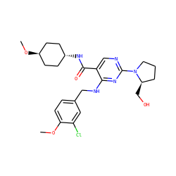 COc1ccc(CNc2nc(N3CCC[C@H]3CO)ncc2C(=O)N[C@H]2CC[C@H](OC)CC2)cc1Cl ZINC000299839945