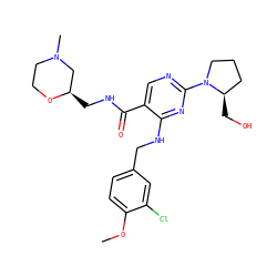 COc1ccc(CNc2nc(N3CCC[C@H]3CO)ncc2C(=O)NC[C@@H]2CN(C)CCO2)cc1Cl ZINC000167002509