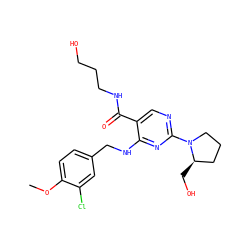 COc1ccc(CNc2nc(N3CCC[C@H]3CO)ncc2C(=O)NCCCO)cc1Cl ZINC000299823592