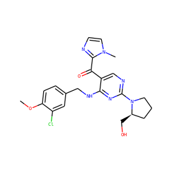COc1ccc(CNc2nc(N3CCC[C@H]3CO)ncc2C(=O)c2nccn2C)cc1Cl ZINC000165224182
