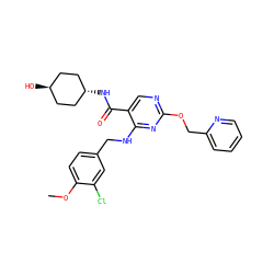 COc1ccc(CNc2nc(OCc3ccccn3)ncc2C(=O)N[C@H]2CC[C@H](O)CC2)cc1Cl ZINC000299836885