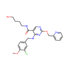 COc1ccc(CNc2nc(OCc3ccccn3)ncc2C(=O)NCCCCO)cc1Cl ZINC000299841433