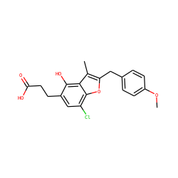 COc1ccc(Cc2oc3c(Cl)cc(CCC(=O)O)c(O)c3c2C)cc1 ZINC000003800401
