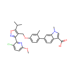 COc1ccc(Cl)c(-c2noc(C(C)C)c2COc2ccc(-c3ccc4c(C(=O)O)cn(C)c4c3)c(C)c2)n1 ZINC000044404944