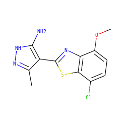 COc1ccc(Cl)c2sc(-c3c(C)n[nH]c3N)nc12 ZINC000114397878