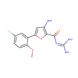 COc1ccc(Cl)cc1-c1cc(N)c(C(=O)N=C(N)N)o1 ZINC000028822441