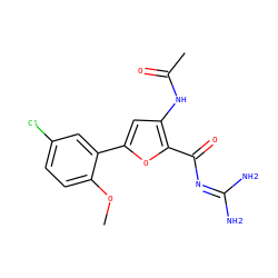 COc1ccc(Cl)cc1-c1cc(NC(C)=O)c(C(=O)N=C(N)N)o1 ZINC000028822465