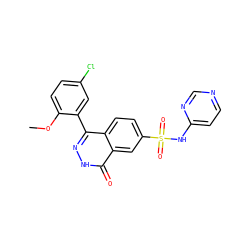 COc1ccc(Cl)cc1-c1n[nH]c(=O)c2cc(S(=O)(=O)Nc3ccncn3)ccc12 ZINC000215520528