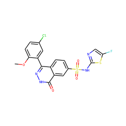 COc1ccc(Cl)cc1-c1n[nH]c(=O)c2cc(S(=O)(=O)Nc3ncc(F)s3)ccc12 ZINC000215520872