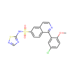 COc1ccc(Cl)cc1-c1nccc2cc(S(=O)(=O)Nc3ncns3)ccc12 ZINC000215512569