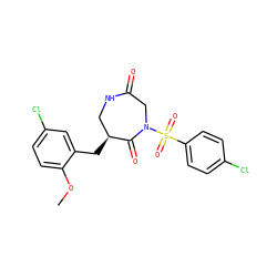 COc1ccc(Cl)cc1C[C@H]1CNC(=O)CN(S(=O)(=O)c2ccc(Cl)cc2)C1=O ZINC000028894305