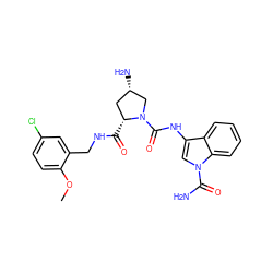 COc1ccc(Cl)cc1CNC(=O)[C@@H]1C[C@H](N)CN1C(=O)Nc1cn(C(N)=O)c2ccccc12 ZINC000143885705