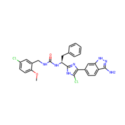 COc1ccc(Cl)cc1CNC(=O)N[C@@H](Cc1ccccc1)c1nc(-c2ccc3c(N)n[nH]c3c2)c(Cl)[nH]1 ZINC000115472885