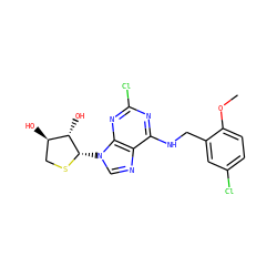 COc1ccc(Cl)cc1CNc1nc(Cl)nc2c1ncn2[C@@H]1SC[C@@H](O)[C@@H]1O ZINC000098186601