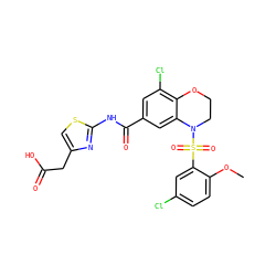 COc1ccc(Cl)cc1S(=O)(=O)N1CCOc2c(Cl)cc(C(=O)Nc3nc(CC(=O)O)cs3)cc21 ZINC000299855458