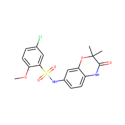 COc1ccc(Cl)cc1S(=O)(=O)Nc1ccc2c(c1)OC(C)(C)C(=O)N2 ZINC001258936955
