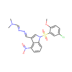 COc1ccc(Cl)cc1S(=O)(=O)n1cc(/C=N/N=C/N(C)C)c2c([N+](=O)[O-])cccc21 ZINC000299858446