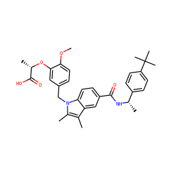 COc1ccc(Cn2c(C)c(C)c3cc(C(=O)N[C@@H](C)c4ccc(C(C)(C)C)cc4)ccc32)cc1O[C@@H](C)C(=O)O ZINC000205978241