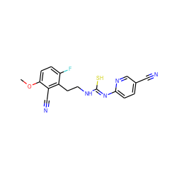 COc1ccc(F)c(CCN/C(S)=N/c2ccc(C#N)cn2)c1C#N ZINC000013759868
