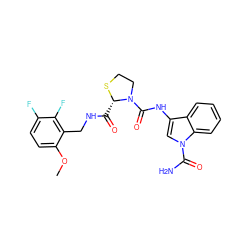 COc1ccc(F)c(F)c1CNC(=O)[C@@H]1SCCN1C(=O)Nc1cn(C(N)=O)c2ccccc12 ZINC000148461621
