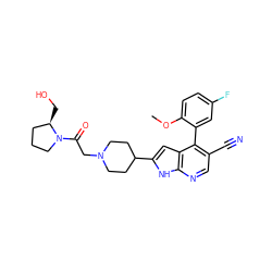 COc1ccc(F)cc1-c1c(C#N)cnc2[nH]c(C3CCN(CC(=O)N4CCC[C@H]4CO)CC3)cc12 ZINC000226079226