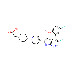 COc1ccc(F)cc1-c1c(F)cnc2[nH]c(C3=CCN(C4CCC(CC(=O)O)CC4)CC3)cc12 ZINC000226080238