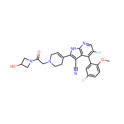 COc1ccc(F)cc1-c1c(F)cnc2[nH]c(C3=CCN(CC(=O)N4CC(O)C4)CC3)c(C#N)c12 ZINC000226070414