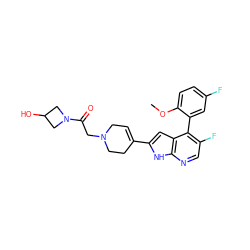 COc1ccc(F)cc1-c1c(F)cnc2[nH]c(C3=CCN(CC(=O)N4CC(O)C4)CC3)cc12 ZINC000226079843
