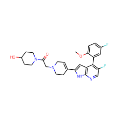 COc1ccc(F)cc1-c1c(F)cnc2[nH]c(C3=CCN(CC(=O)N4CCC(O)CC4)CC3)cc12 ZINC000226094878