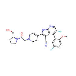 COc1ccc(F)cc1-c1c(F)cnc2[nH]c(C3=CCN(CC(=O)N4CCC[C@@H]4CO)CC3)c(C#N)c12 ZINC000226060510