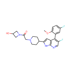 COc1ccc(F)cc1-c1c(F)cnc2[nH]c(C3CCN(CC(=O)N4CC(O)C4)CC3)cc12 ZINC000226069233