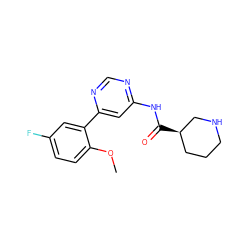 COc1ccc(F)cc1-c1cc(NC(=O)[C@@H]2CCCNC2)ncn1 ZINC000117317584