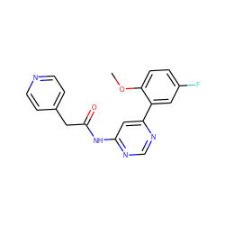 COc1ccc(F)cc1-c1cc(NC(=O)Cc2ccncc2)ncn1 ZINC000117315122