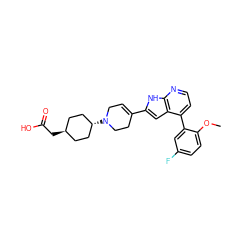 COc1ccc(F)cc1-c1ccnc2[nH]c(C3=CCN([C@H]4CC[C@H](CC(=O)O)CC4)CC3)cc12 ZINC000473179322