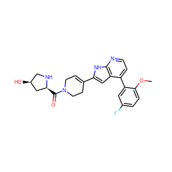 COc1ccc(F)cc1-c1ccnc2[nH]c(C3=CCN(C(=O)[C@H]4C[C@@H](O)CN4)CC3)cc12 ZINC000226069962